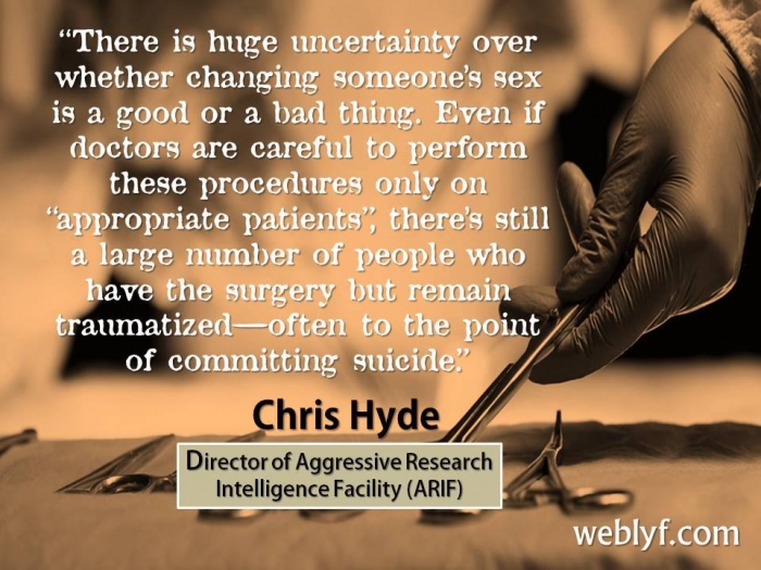 "There is huge uncertainty over whether changing someone's sex is a good or a bad thing." ~ Chris Hyde