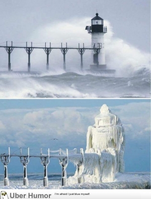A Michigan lighthouse, before and after a winter storm.
